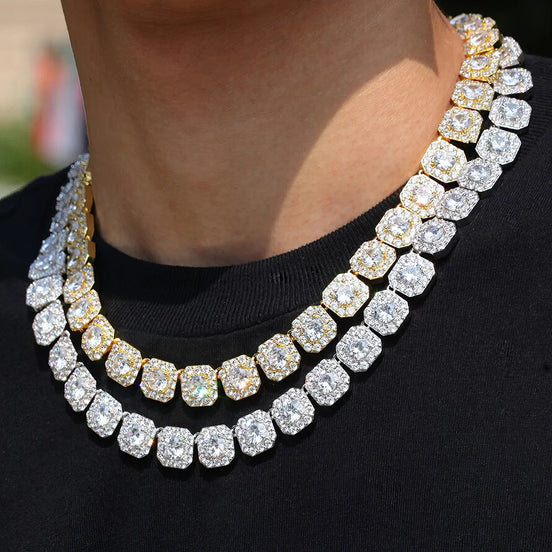 D Color Moissanite Round Cut Clustered Tennis Cuban Chain