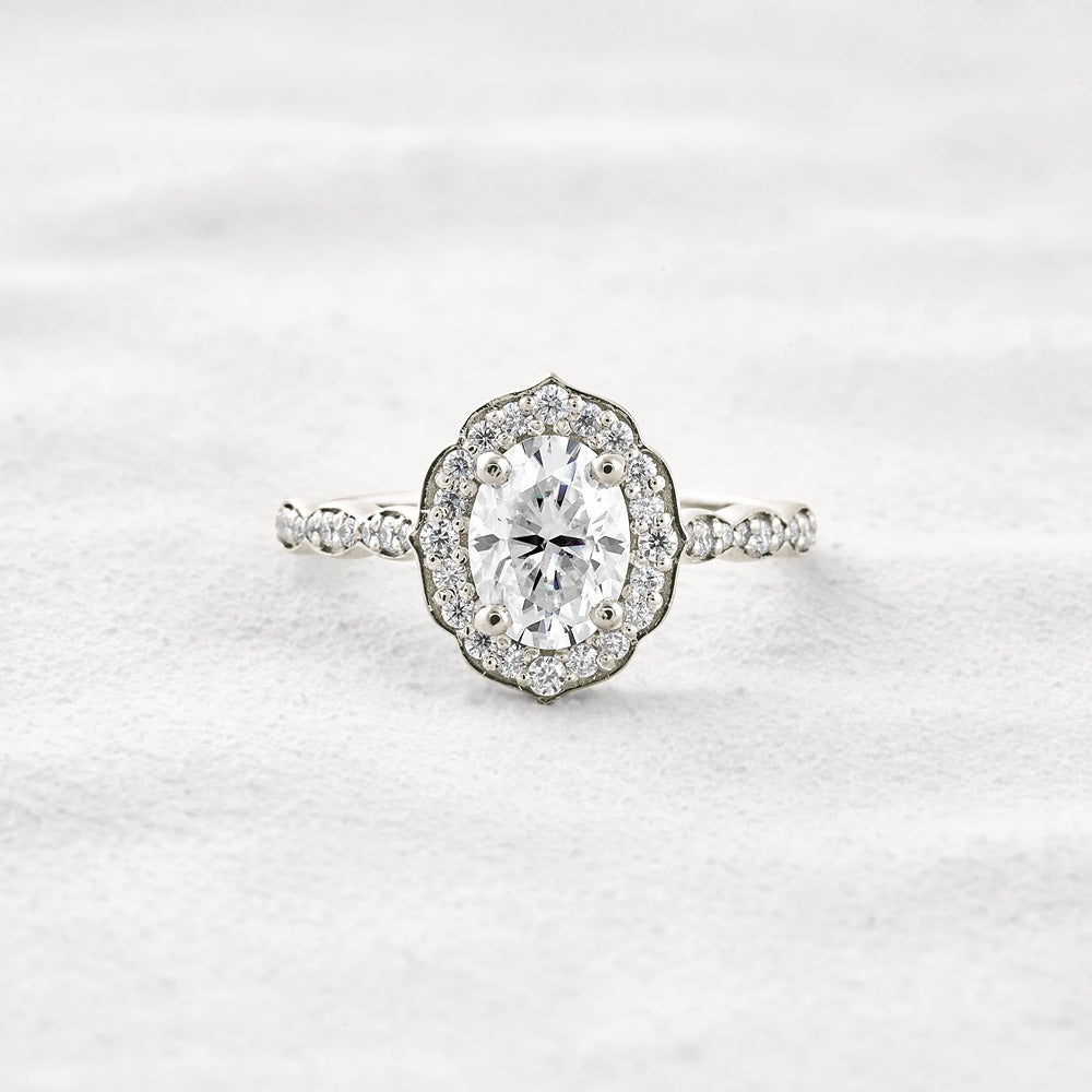 Oval Cut Floral Halo Moissanite Engagement Ring