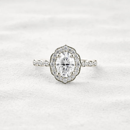 Oval Cut Floral Halo Moissanite Engagement Ring