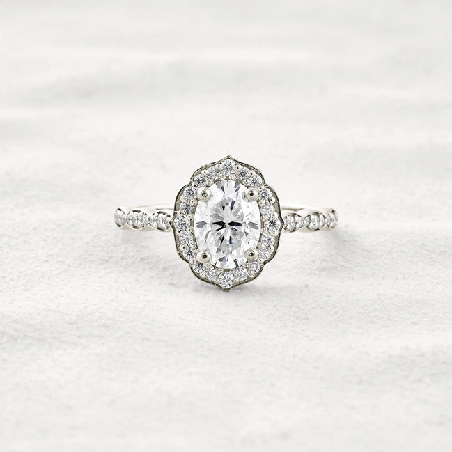 Oval Cut Floral Halo Moissanite Engagement Ring