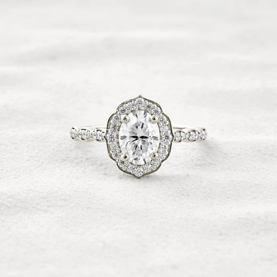 Oval Cut Floral Halo Moissanite Engagement Ring