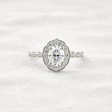 Oval Cut Floral Halo Moissanite Engagement Ring