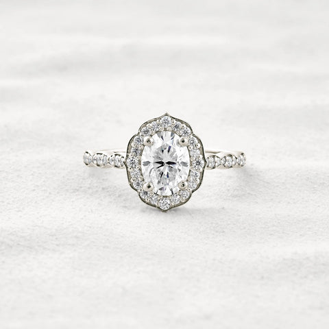 Oval Cut Floral Halo Moissanite Engagement Ring