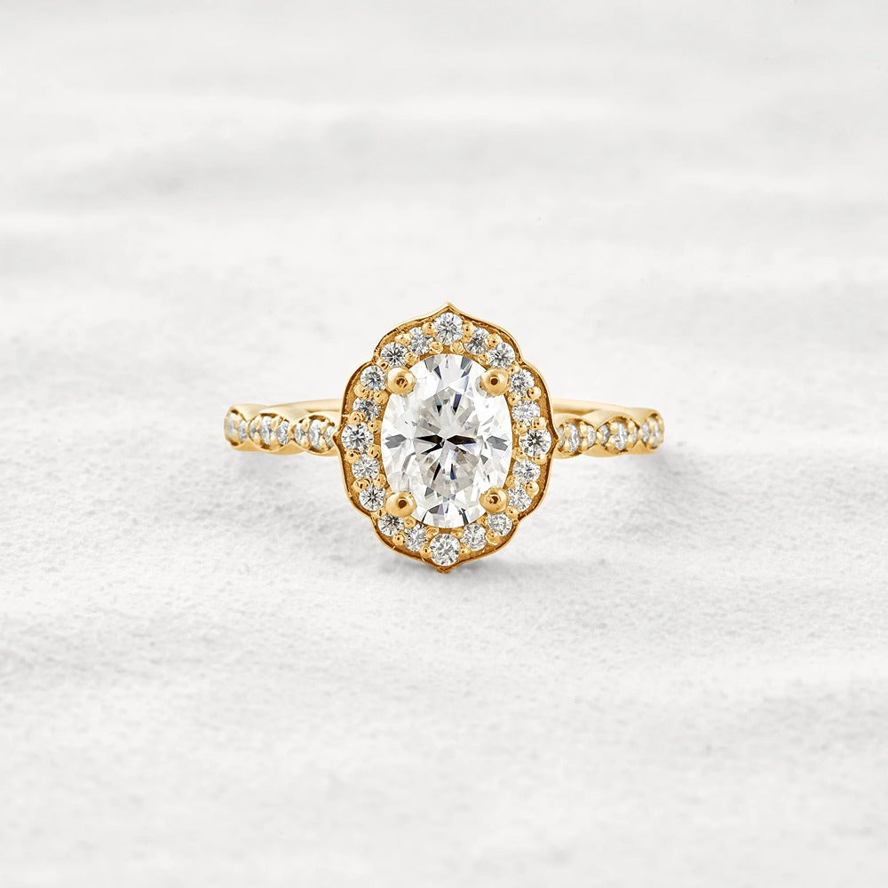 Oval Cut Floral Halo Moissanite Engagement Ring