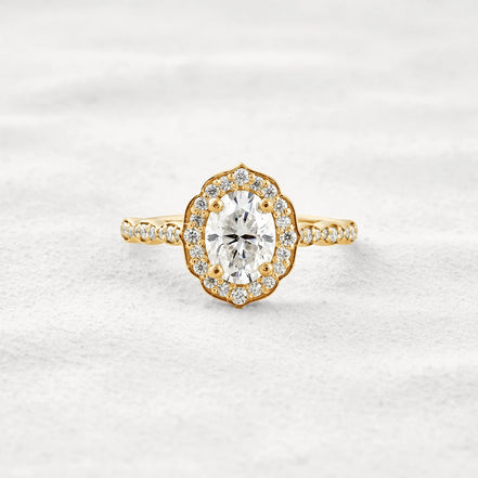 Oval Cut Floral Halo Moissanite Engagement Ring