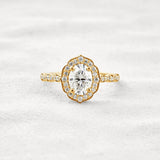 Oval Cut Floral Halo Moissanite Engagement Ring