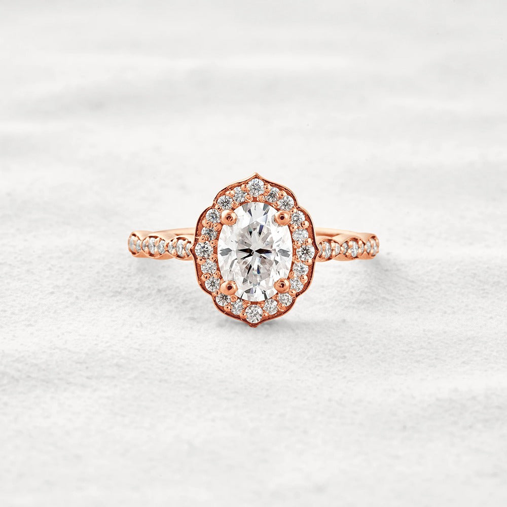 Oval Cut Floral Halo Moissanite Engagement Ring