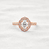 Oval Cut Floral Halo Moissanite Engagement Ring