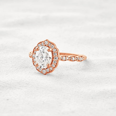 Oval Cut Floral Halo Moissanite Engagement Ring