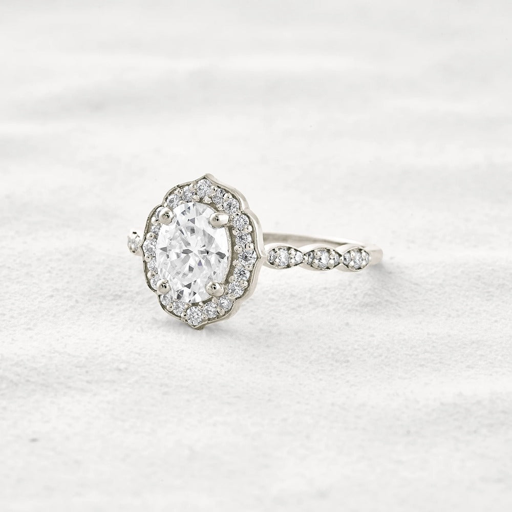 Oval Cut Floral Halo Moissanite Engagement Ring