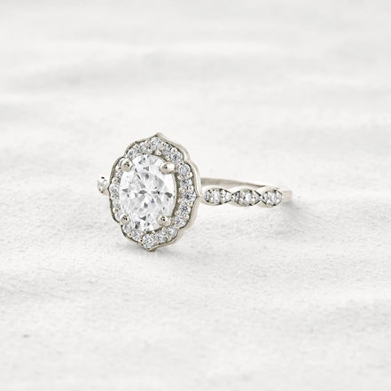 Oval Cut Floral Halo Moissanite Engagement Ring