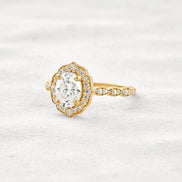 Oval Cut Floral Halo Moissanite Engagement Ring
