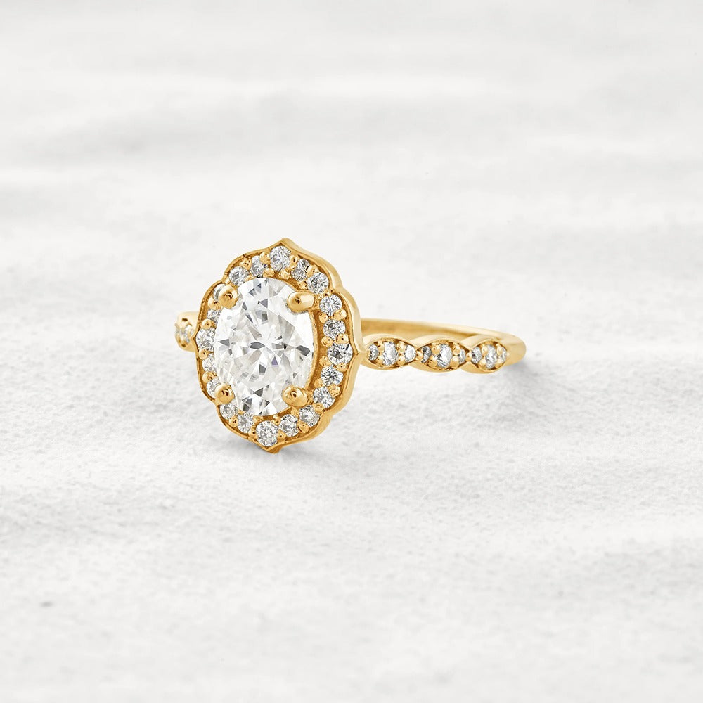 Oval Cut Floral Halo Moissanite Engagement Ring