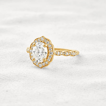 Oval Cut Floral Halo Moissanite Engagement Ring