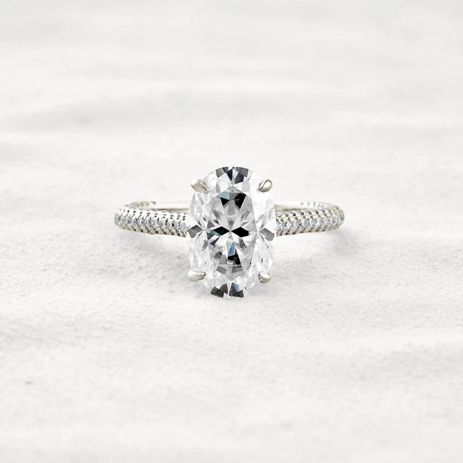 Hidden Accent & Pave Set Oval Cut Moissanite Wedding Ring