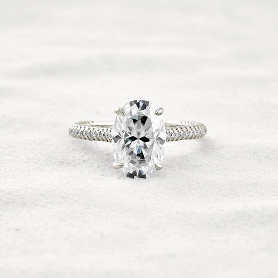 Hidden Accent & Pave Set Oval Cut Moissanite Wedding Ring