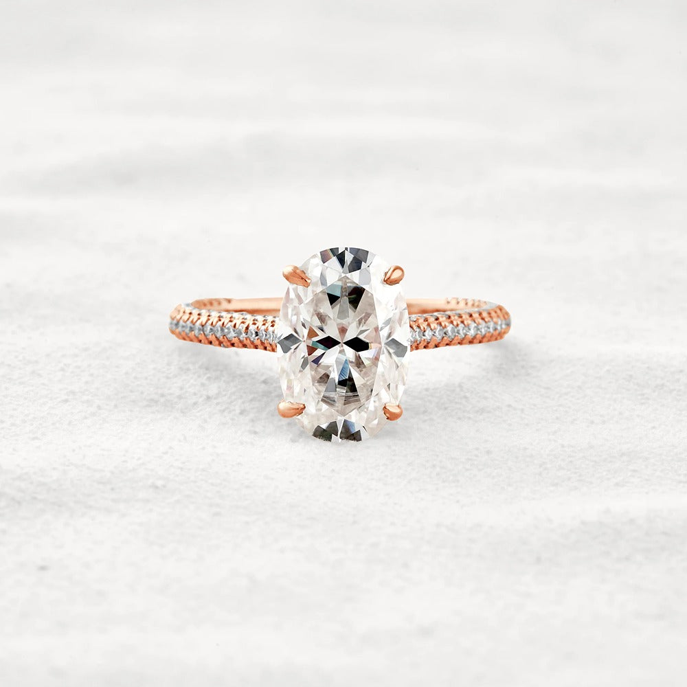Hidden Accent & Pave Set Oval Cut Moissanite Wedding Ring