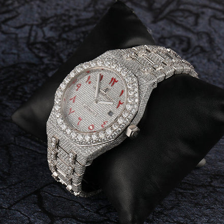 Moissanite Watch Hip Hop Iced Out Red Arabic Number Watch