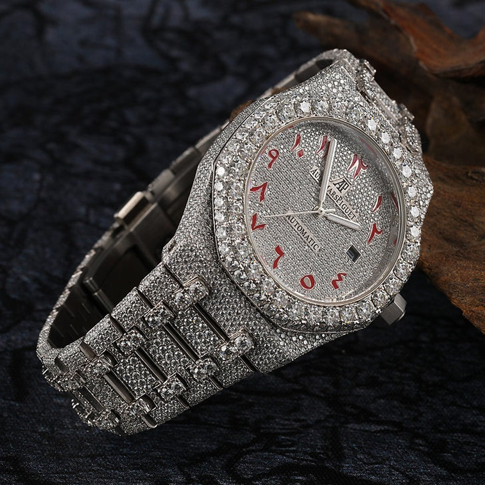 Moissanite Watch Hip Hop Iced Out Red Arabic Number Watch