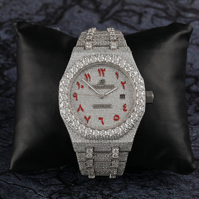 Moissanite Watch Hip Hop Iced Out Red Arabic Number Watch