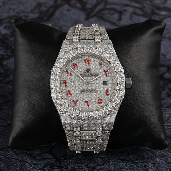 Moissanite Watch Hip Hop Iced Out Red Arabic Number Watch