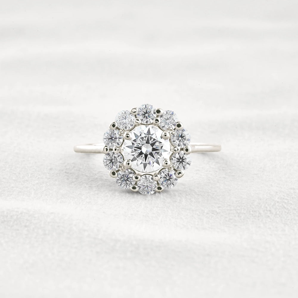Floral Halo Round Cut D Color Moissanite Proposal Ring