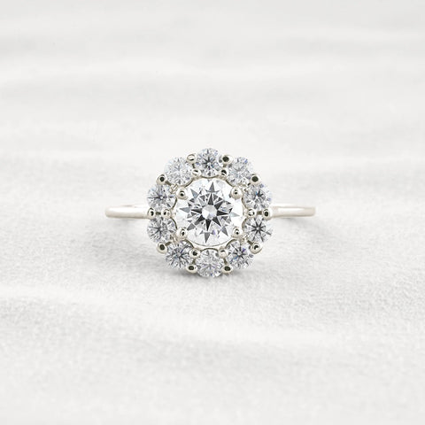 Floral Halo Round Cut D Color Moissanite Proposal Ring