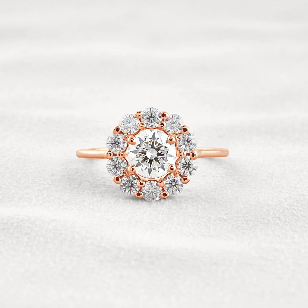Floral Halo Round Cut D Color Moissanite Proposal Ring