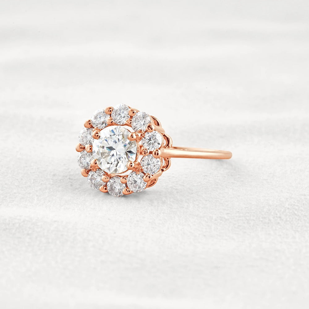 Floral Halo Round Cut D Color Moissanite Proposal Ring