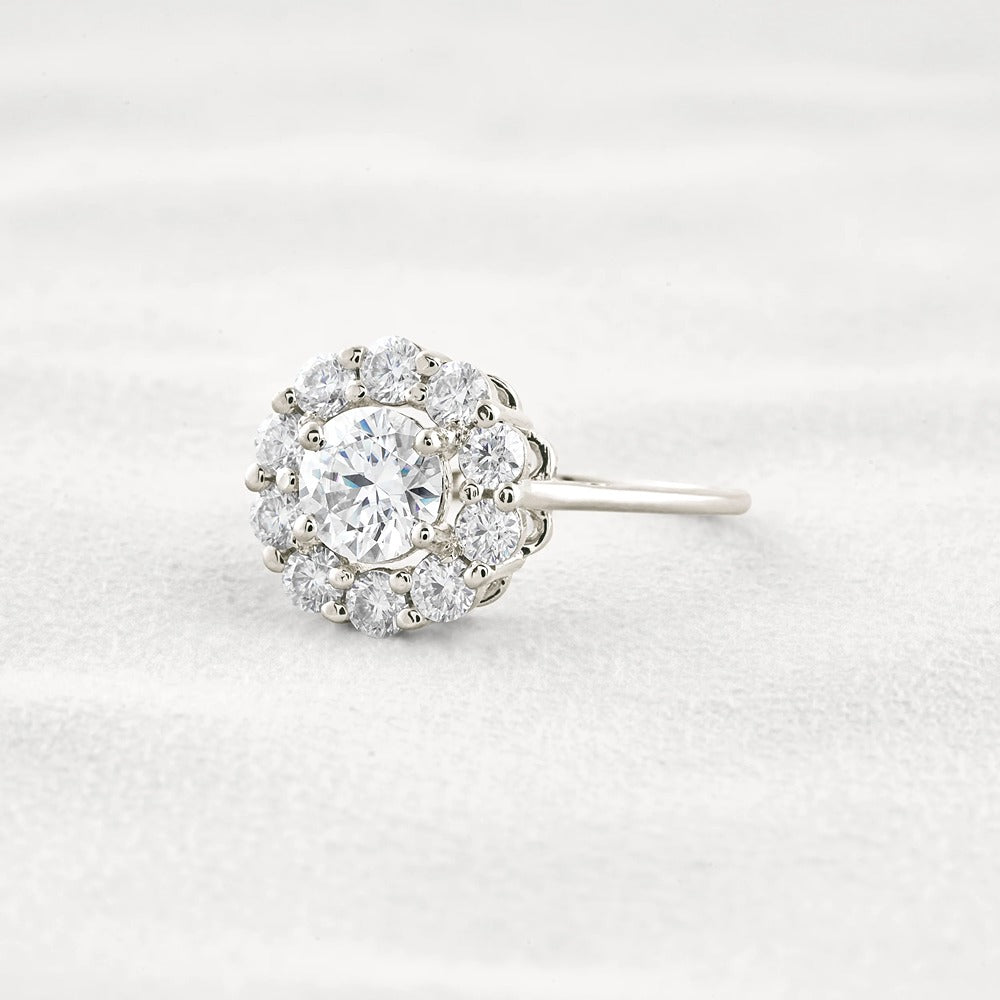 Floral Halo Round Cut D Color Moissanite Proposal Ring