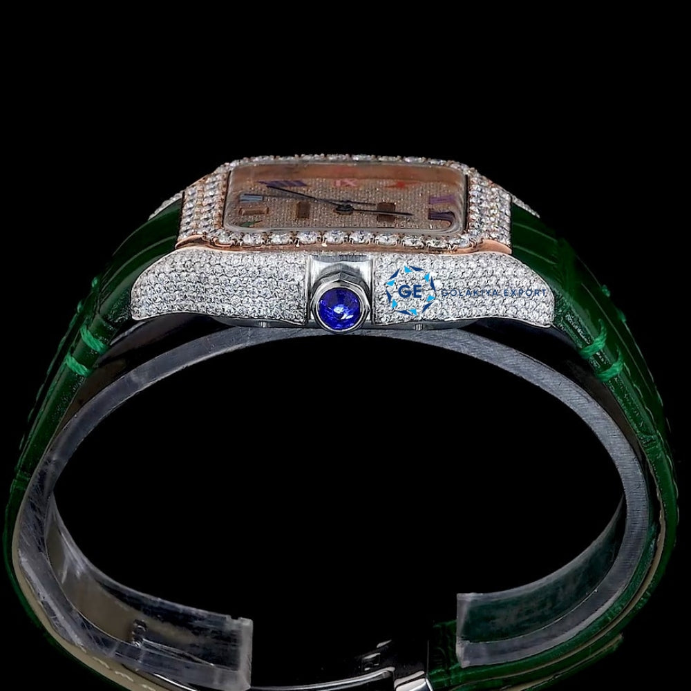 Green Color Leather Belt Moissanite Diamond Men's Watch