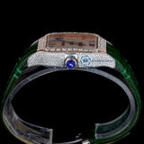 Green Color Leather Belt Moissanite Diamond Men's Watch