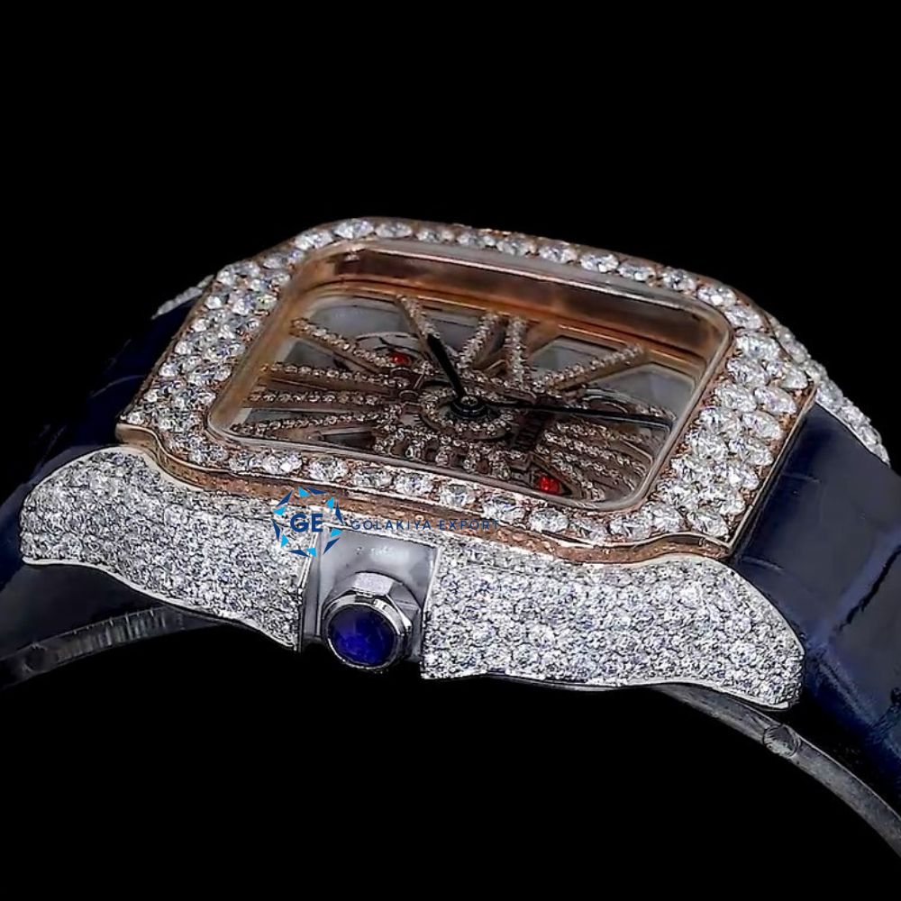 Awesome Blue Leather Belt Diamond Moissanite Watch
