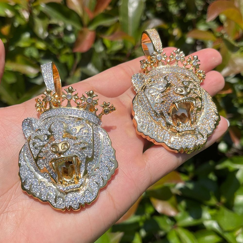 Moissanite Diamond Iced Out Lion Crown Pendant Necklace For Men