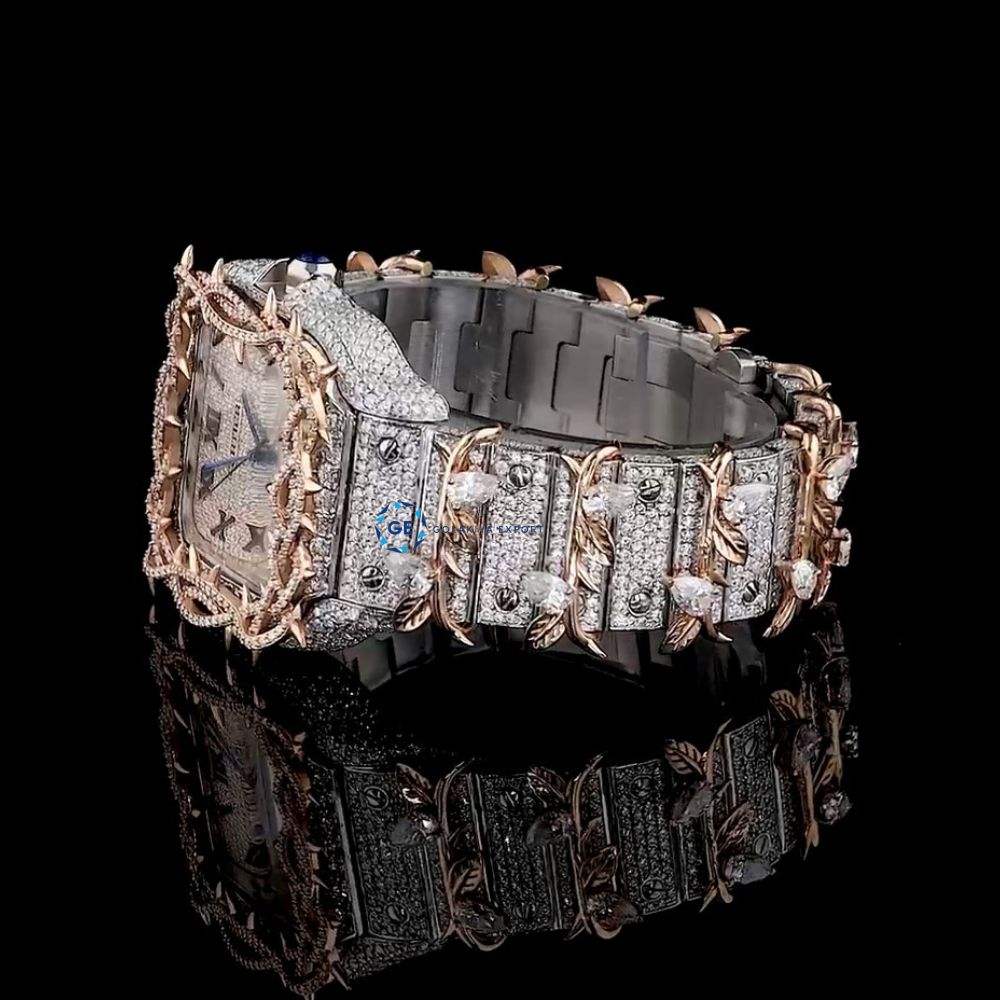 Leafe Style Roman Dial Dual Tone Moissanite Wrist Watch