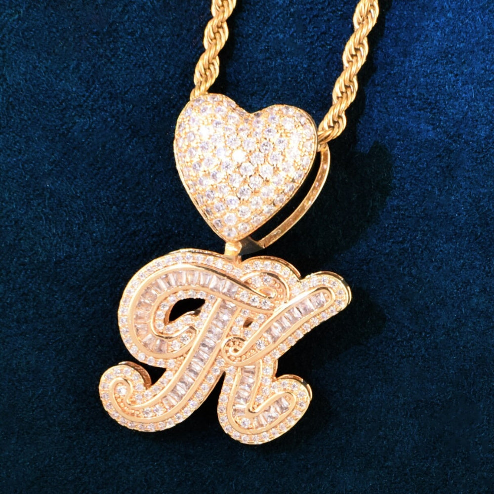 Baguette Cut Moissanite Heart Bail Initial Letter Pendant