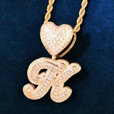 Baguette Cut Moissanite Heart Bail Initial Letter Pendant