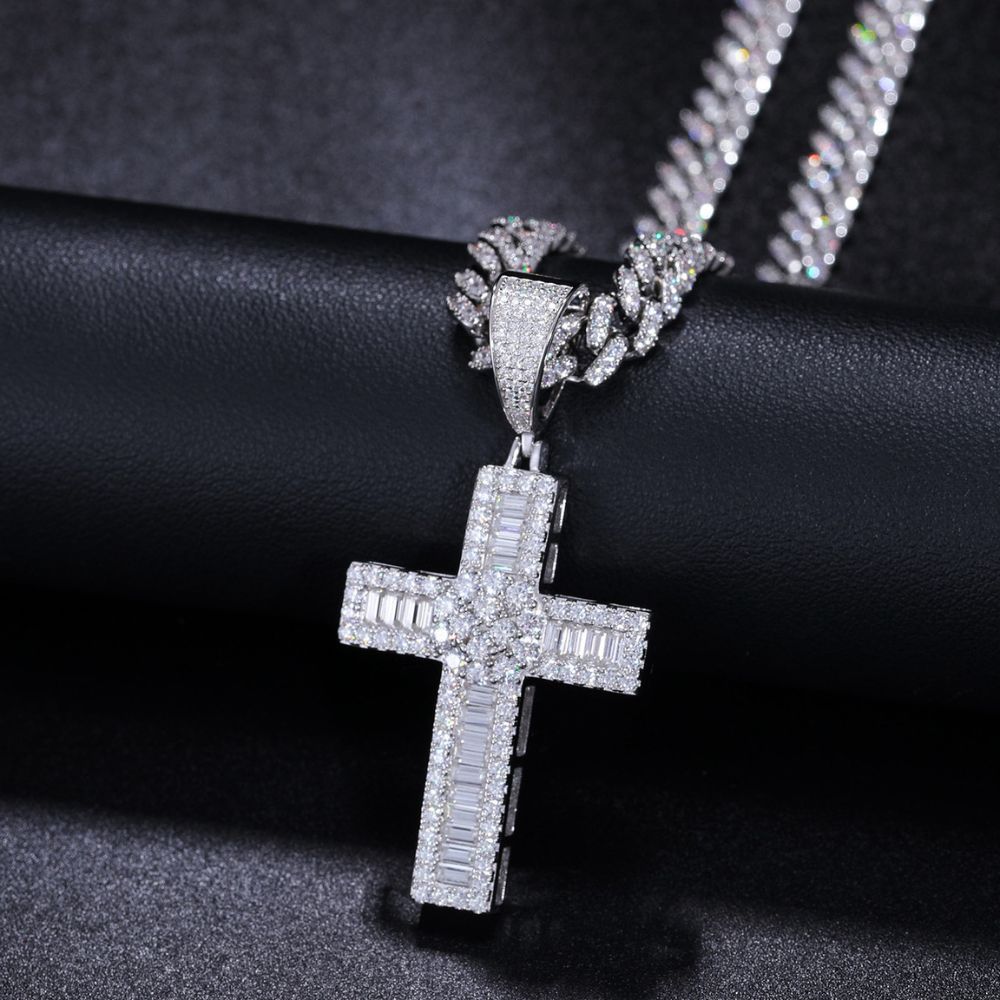 925 Silver Moissanite Baguette Cut Diamond Criss Cross Pendant