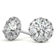 Three Prong Set Moissanite Round Cut Halo Earrings in White Gold
