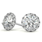 Three Prong Set Moissanite Round Cut Halo Earrings in White Gold