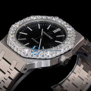 Iced Out Moissanite Stylish Black Dial Stainless Steel Wrist Watch
