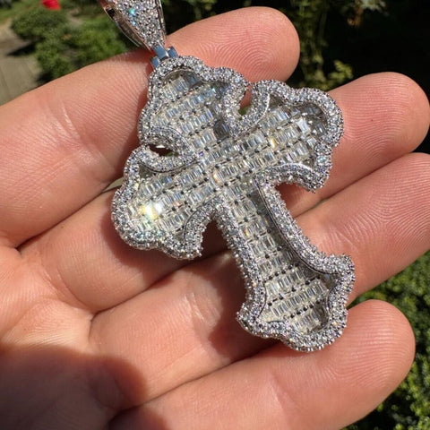 Moissanite Bagutte Diamond Cross Silver Pendant