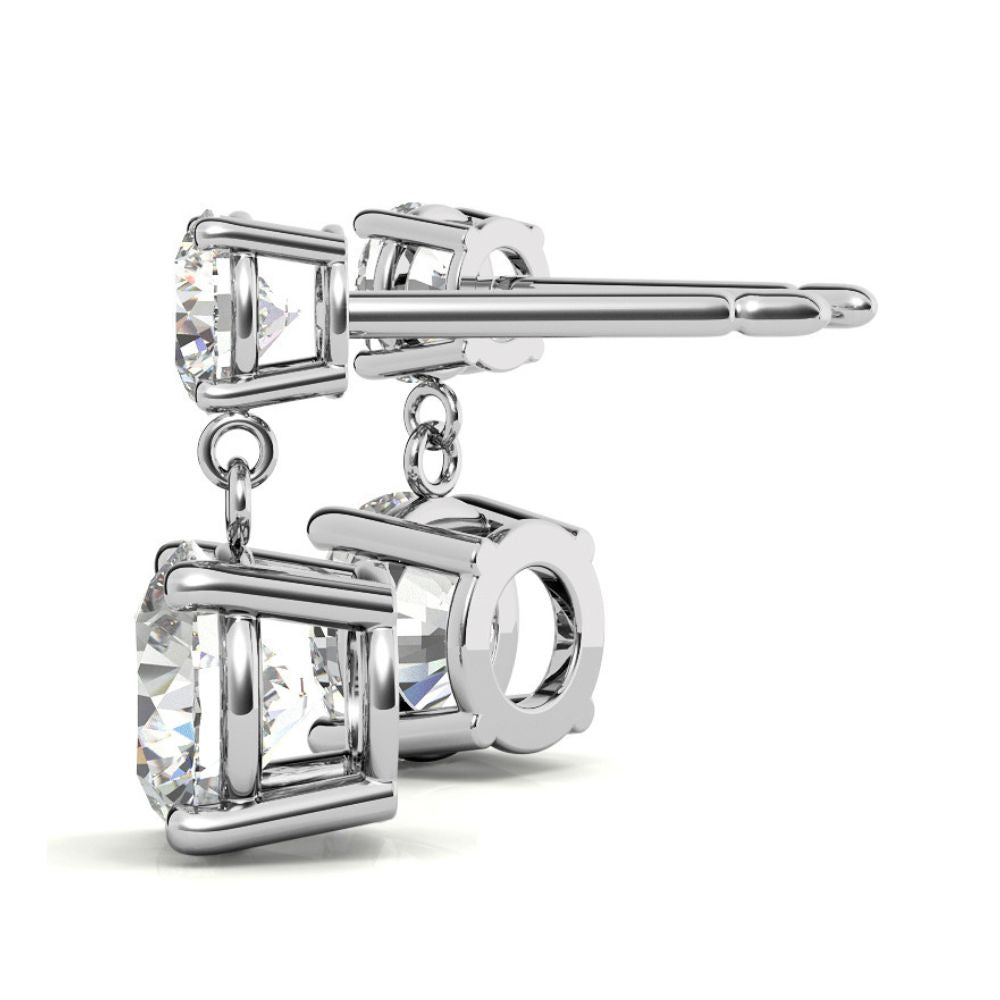 Double Round Moissanite Drop Stud Earrings in White Gold