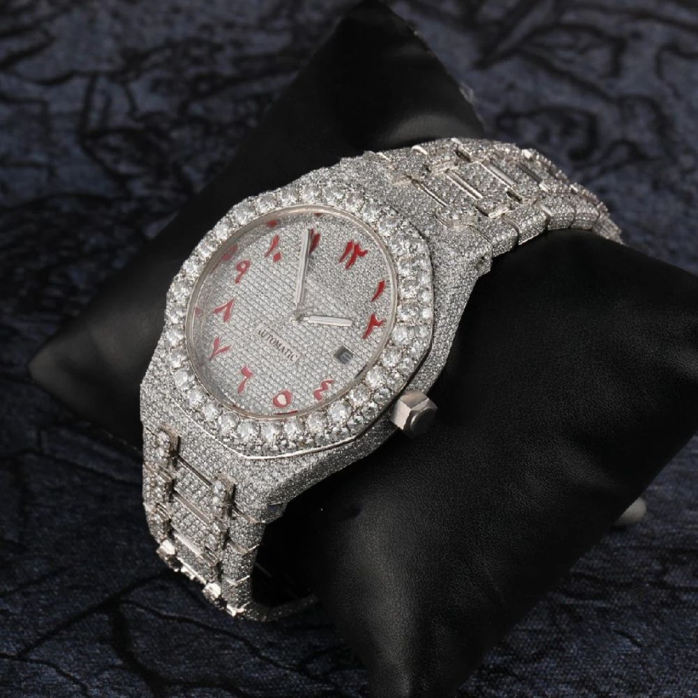 Red Color Arabic Dial Iced Out Moissanite Watch