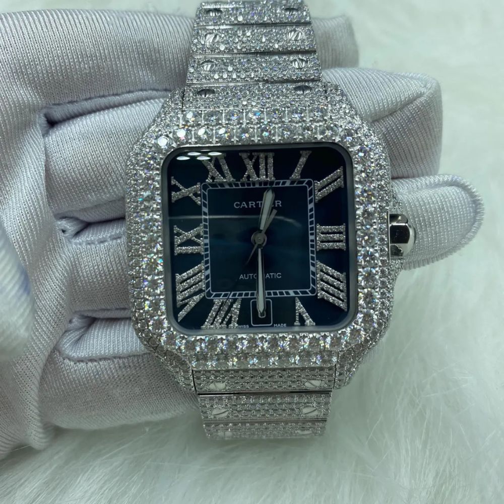 Blue Dial Fully Iced Out Moissanite Watch For Men's