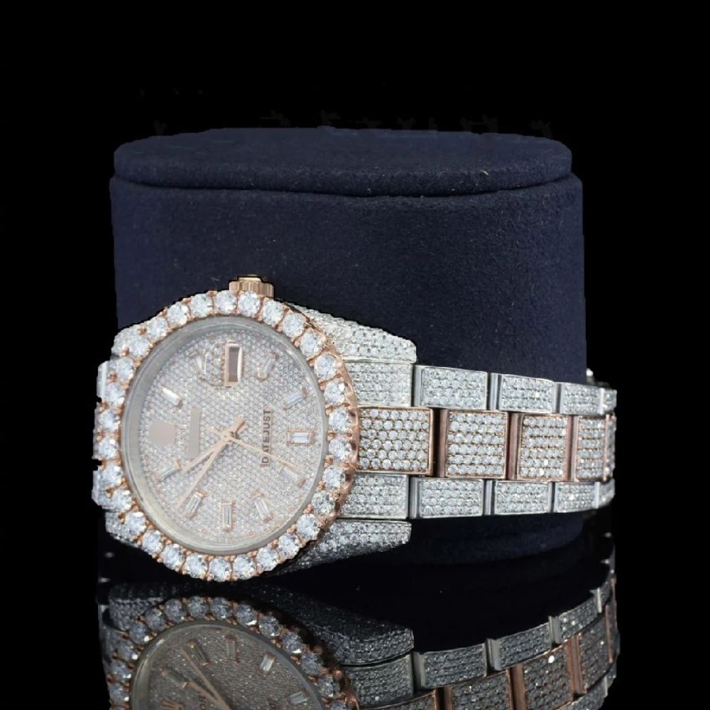 Rose & White Bust Down Moissanite Hip Hop Watch