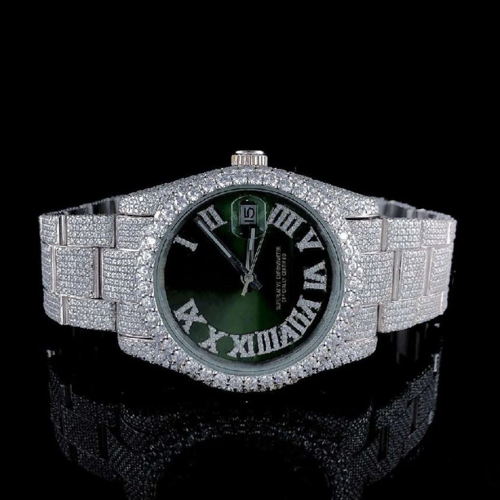 Full Iced Out Green Dial Moissanite Wrist Watch