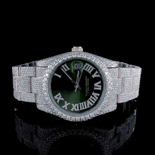 Full Iced Out Green Dial Moissanite Wrist Watch