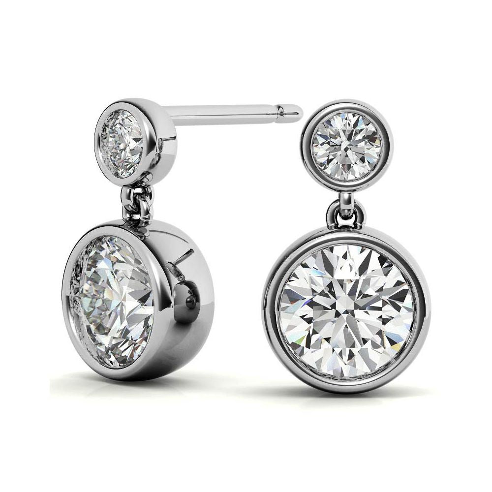 Bezel Set Double Round Cut Moissanite Drop Earrings