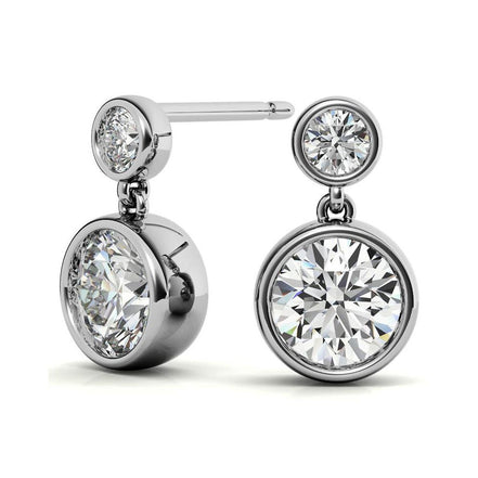Bezel Set Double Round Cut Moissanite Drop Earrings